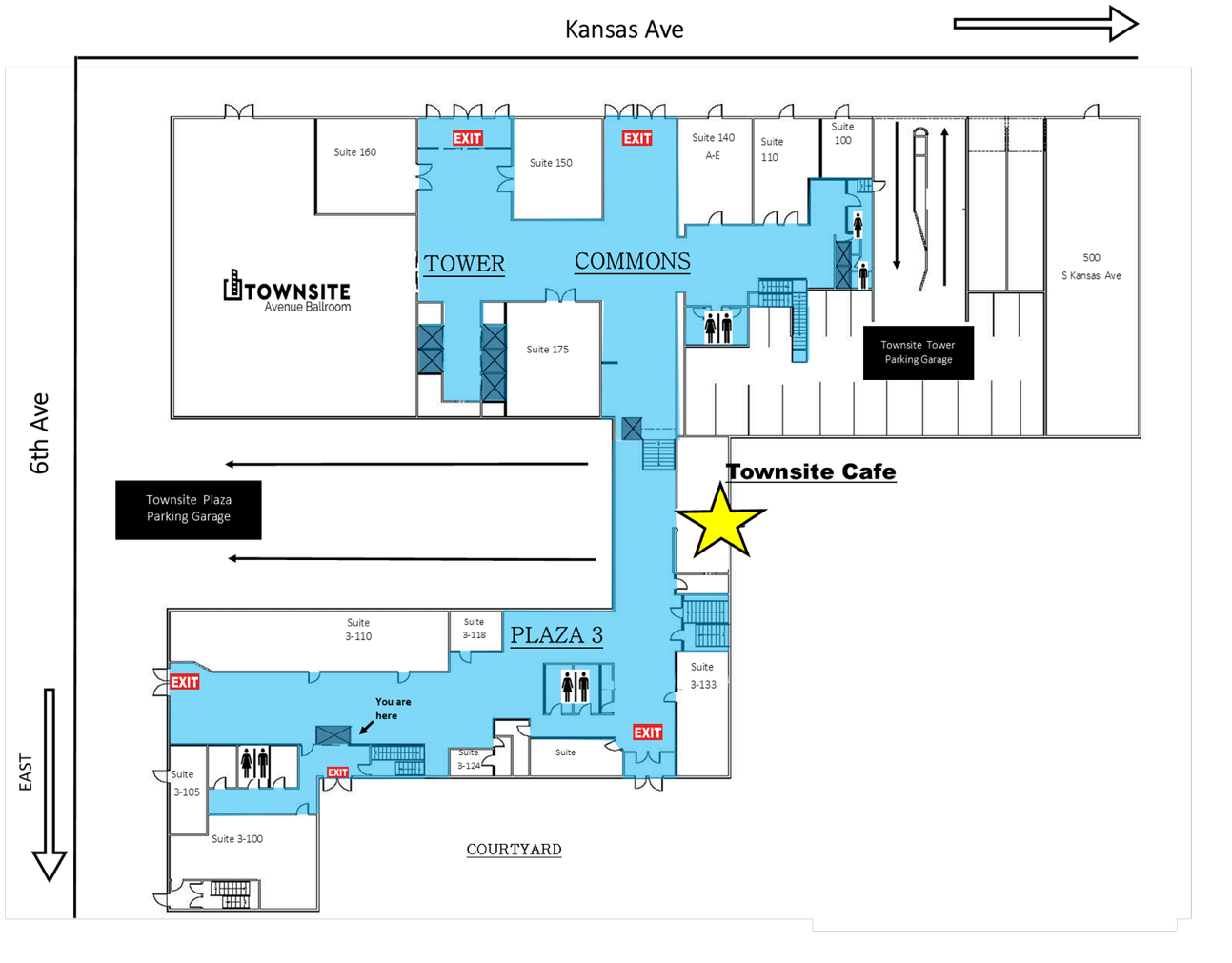 Floor plan showing Townsite Cafe on the first floor of Townsite Plaza 3, with entrances from Kansas Avenue and 6th Avenue